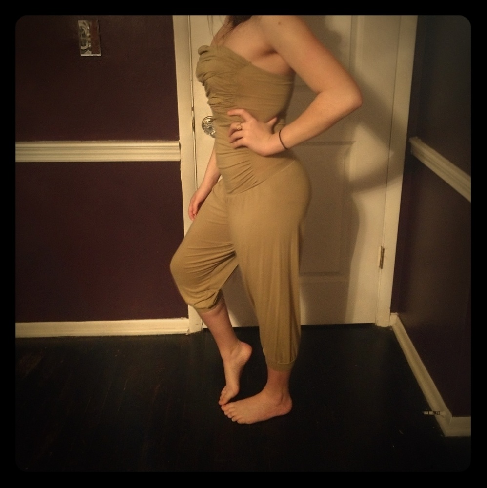 Strapless tan jumpsuit